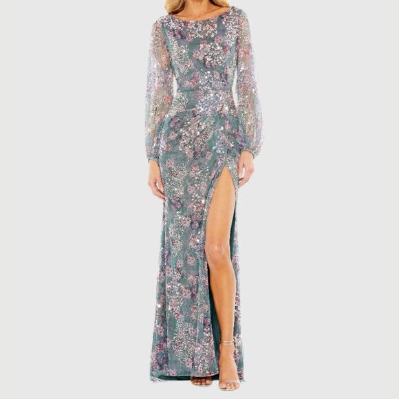 Mac Duggal 93750 Size 16‎ Blue Gray Pink Floral Long Sleeve Gown Maxi Dress - Picture 2 of 4